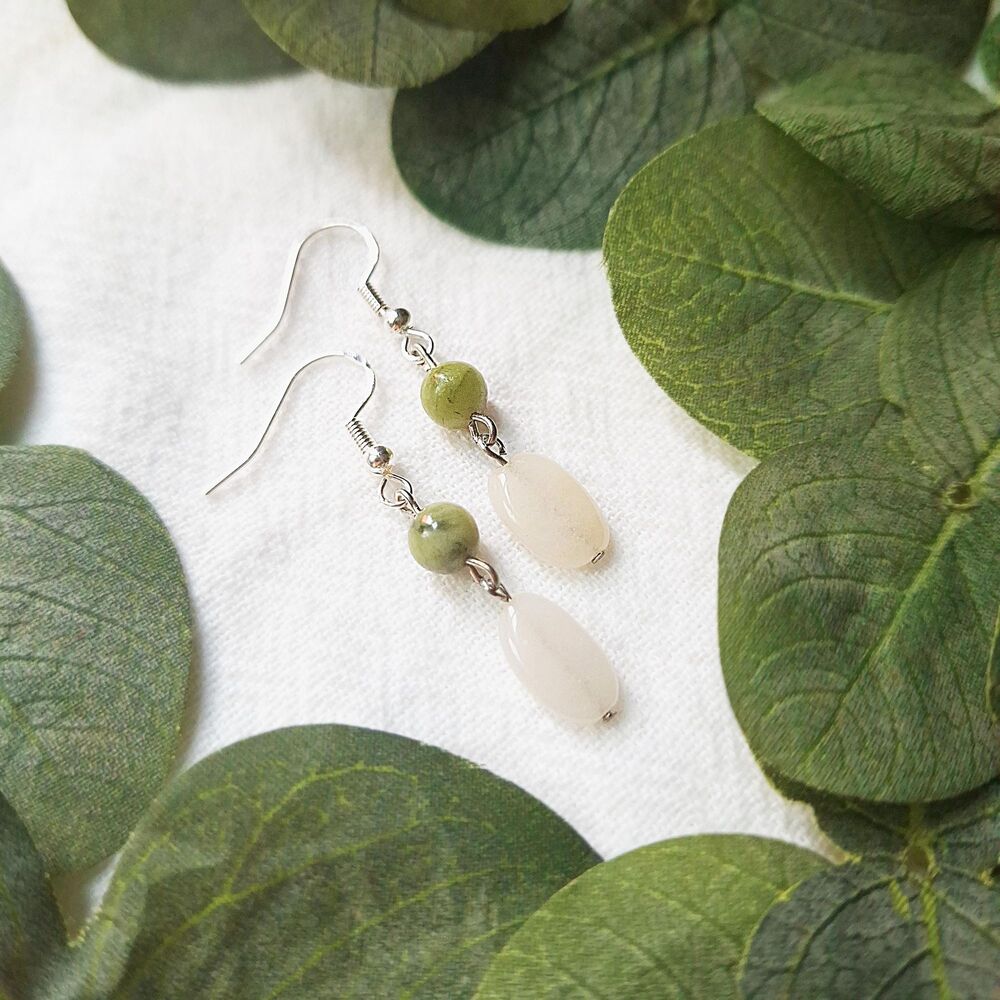 Serpentine & White Quartz Earrings – Dainty Gemstone Drop Earrings